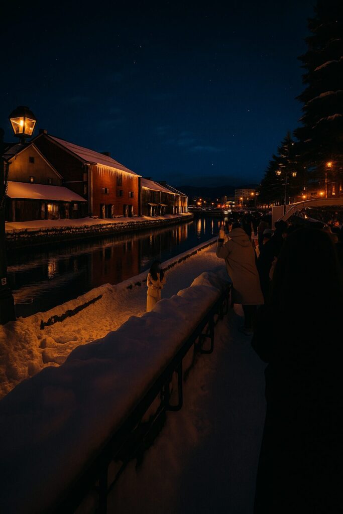 A winter night scene along a canal, where a person stands against the snowy backdrop of old buildings, with people capturing the moment with their cameras.