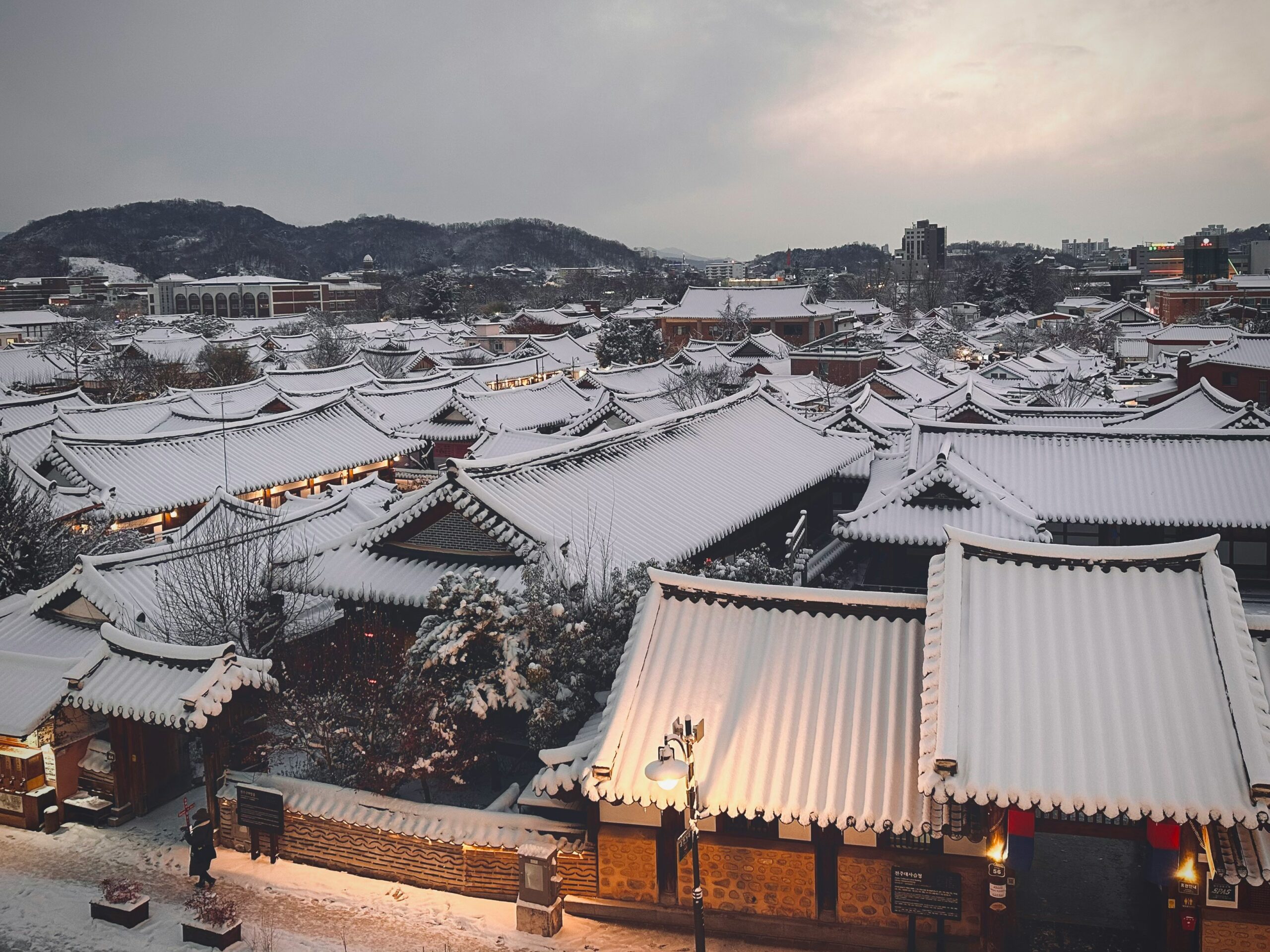 Gyeonghoeru Pavilion in Gyeongbokgung Palace covered in snow on a winter day,