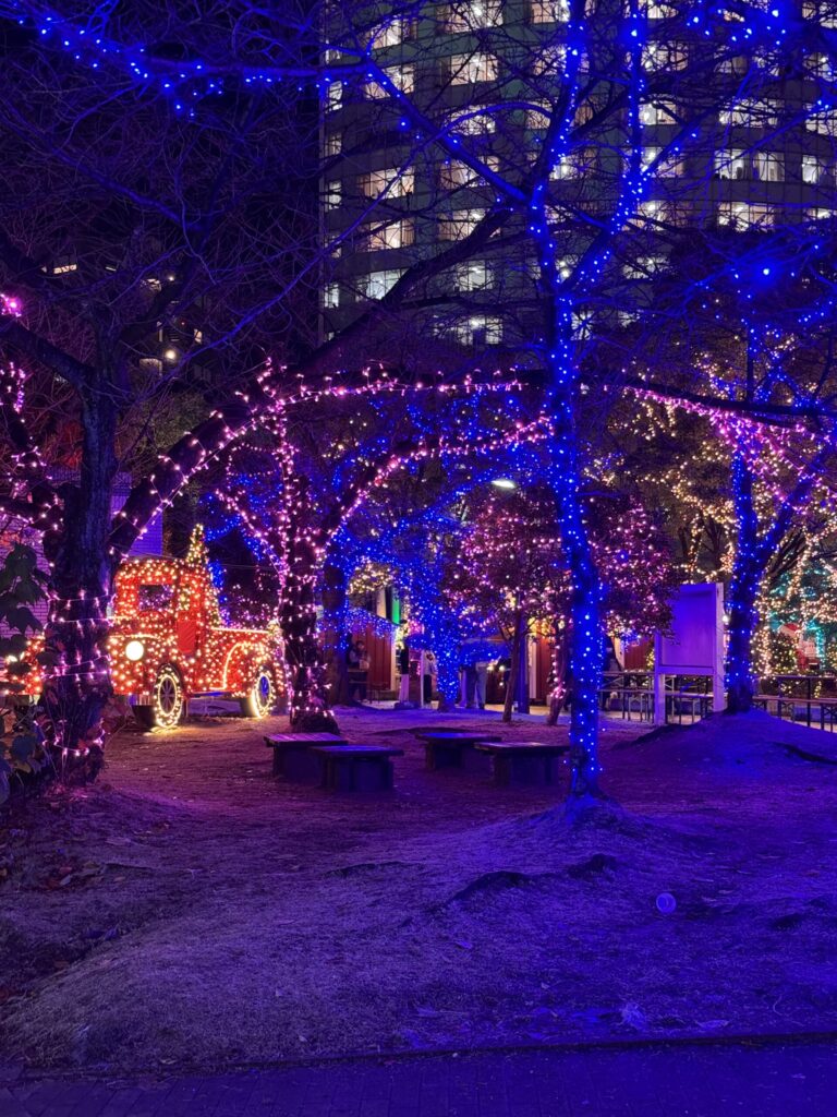 Illuminated Winter Garden in Fukuoka, Japan β Trees wrapped in vibrant pink and blue lights create a magical nighttime scene in the heart of the city.