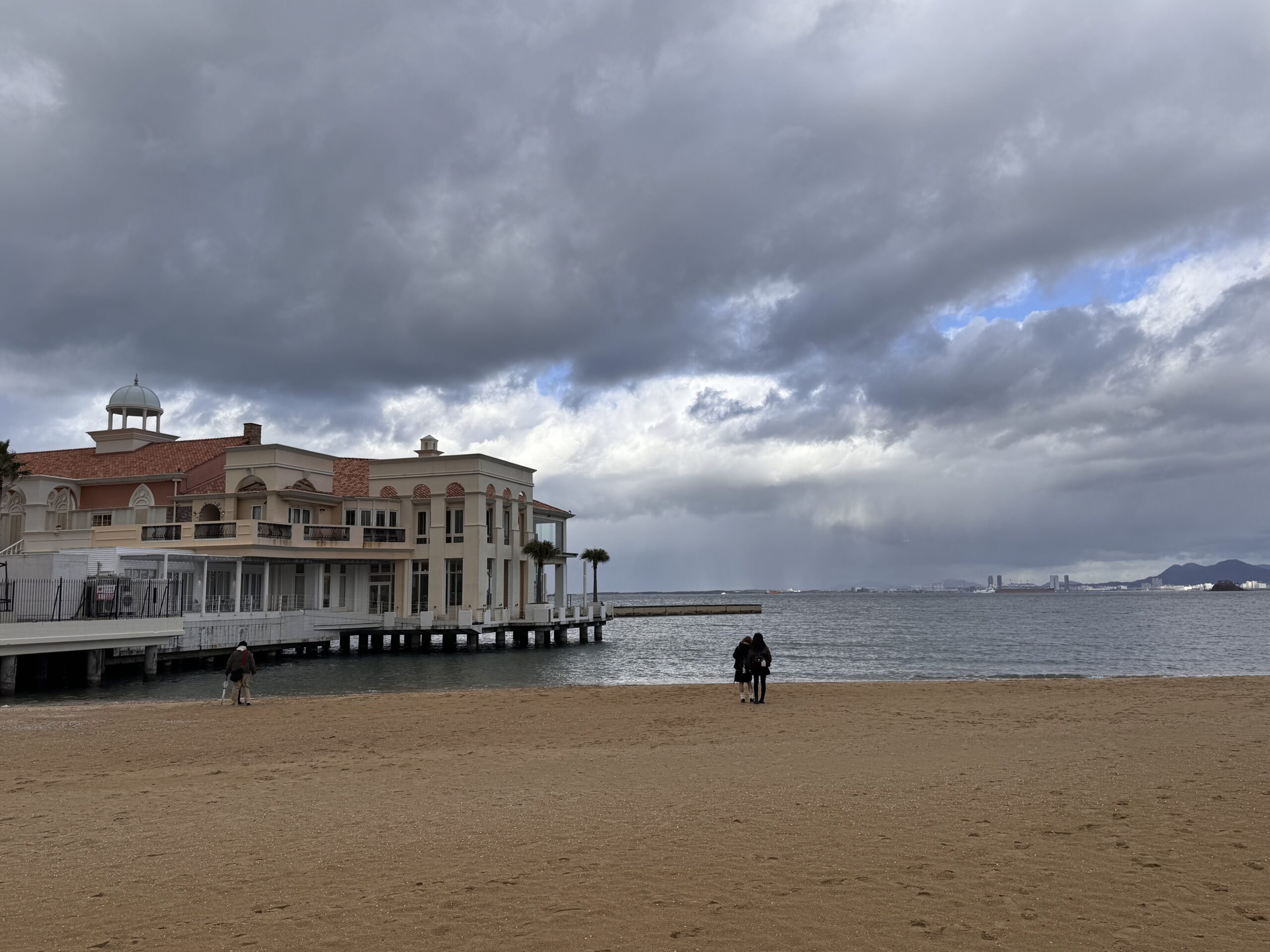 Overcast winter sky above Momochi Beach in Fukuoka