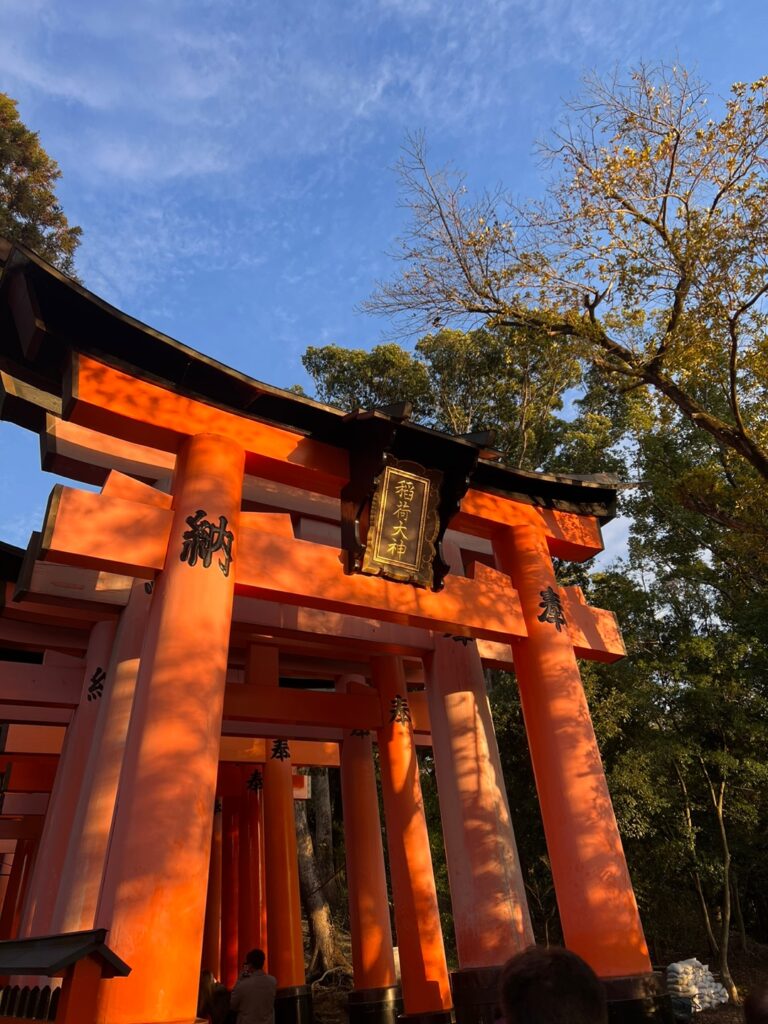 A photo of the iconic orange torii gate at Fushimi Inari Taisha in Kyoto, set against a clear blue sky.