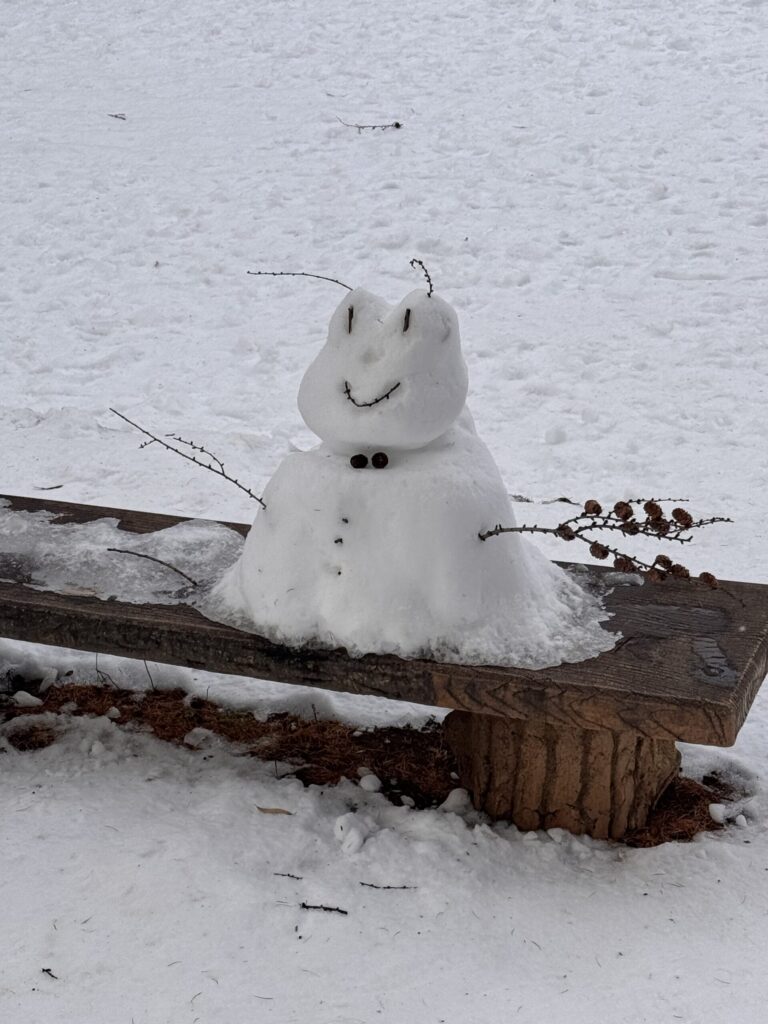 A smiling snowman — simple winter joy resting on a wooden bench.
