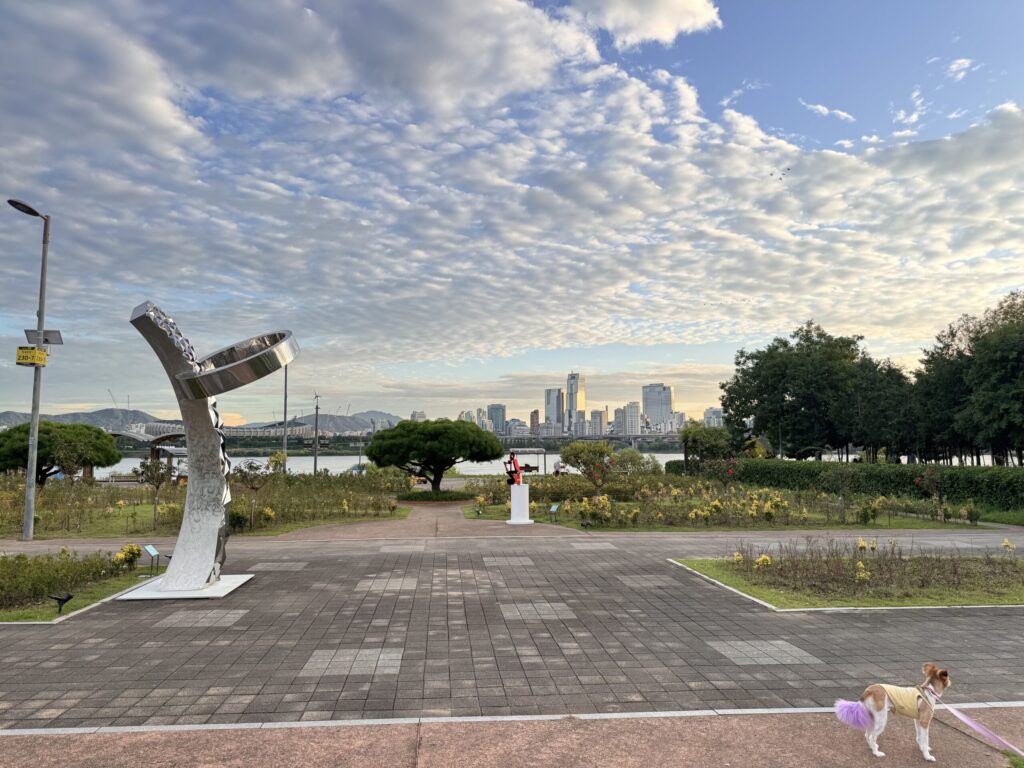 EN: Art sculpture with Seoul skyline view  KR: 서울 도심과 조형물 전경