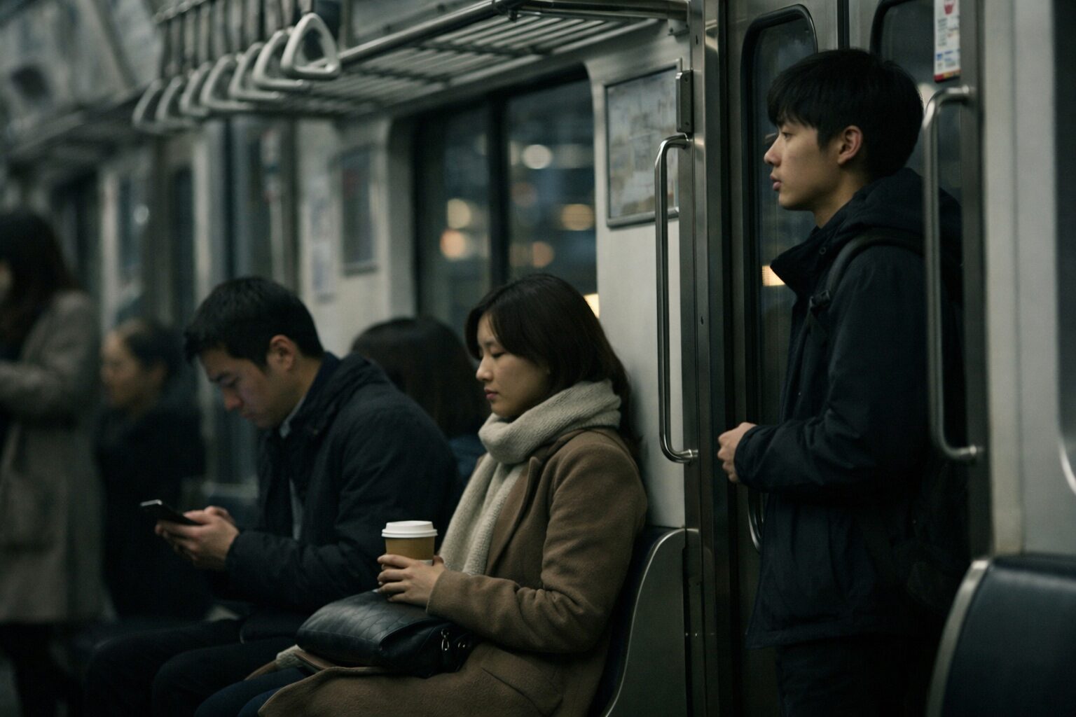 EN: Three commuters on a subway—one checking his phone, one holding a cup of coffee, and one standing quietly by the door, each lost in thought. KR: 지하철 안에서 휴대폰을 보는 남성, 커피를 들고 앉아 있는 여성, 문 옆에 조용히 서 있는 남성이 각자의 생각에 잠겨 있는 모습.