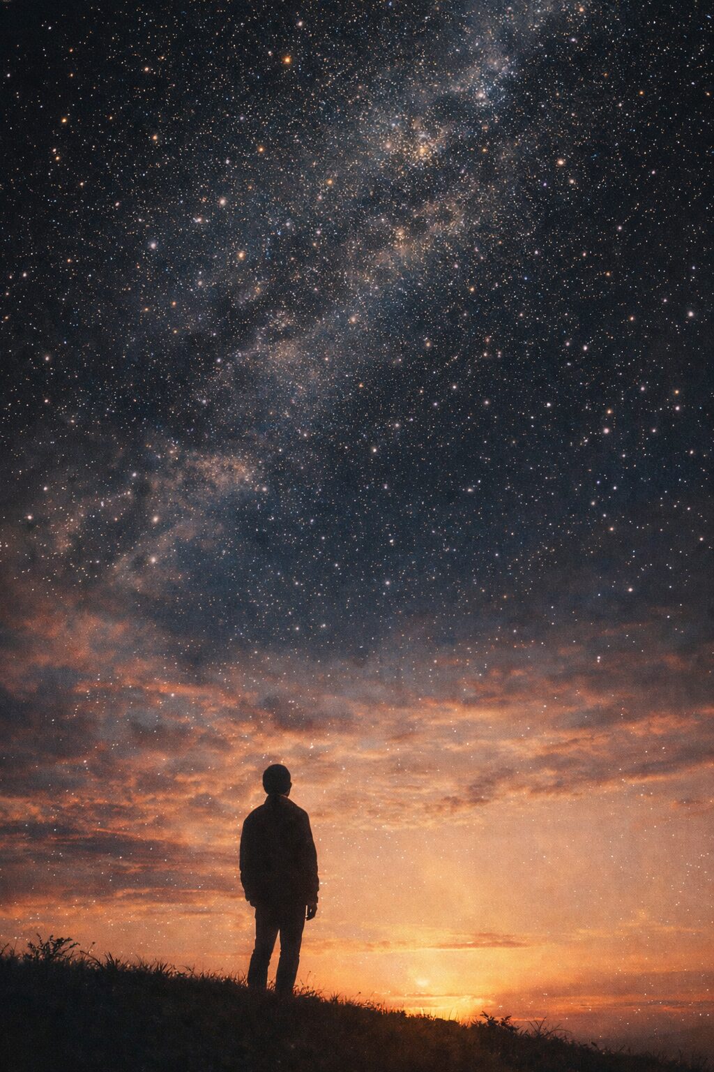 KR 노을이 남아 있는 하늘 아래, 별이 가득한 밤하늘을 바라보며 언덕 위에 서 있는 한 사람의 실루엣. EN A silhouette of a person standing on a hill, gazing at a sky filled with stars above a fading sunset horizon.